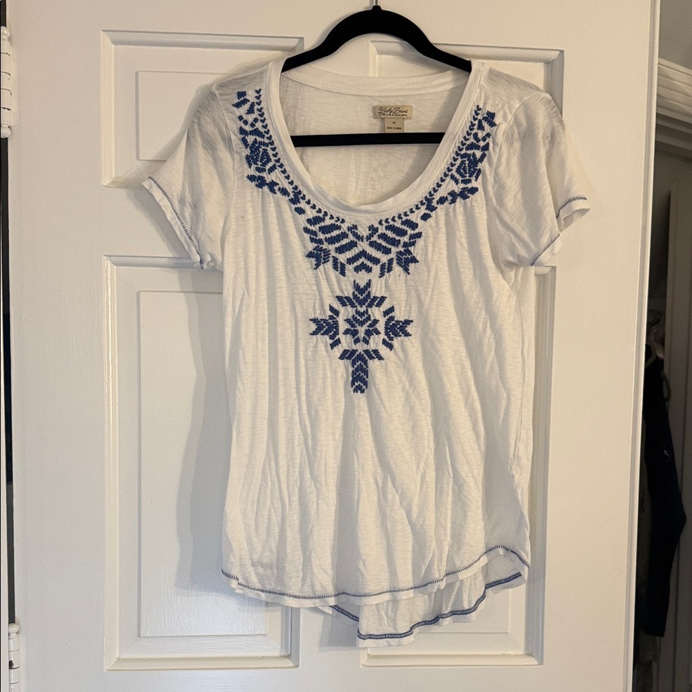 Lucky Brand White Short Sleeve Tee with Blue Embroidery